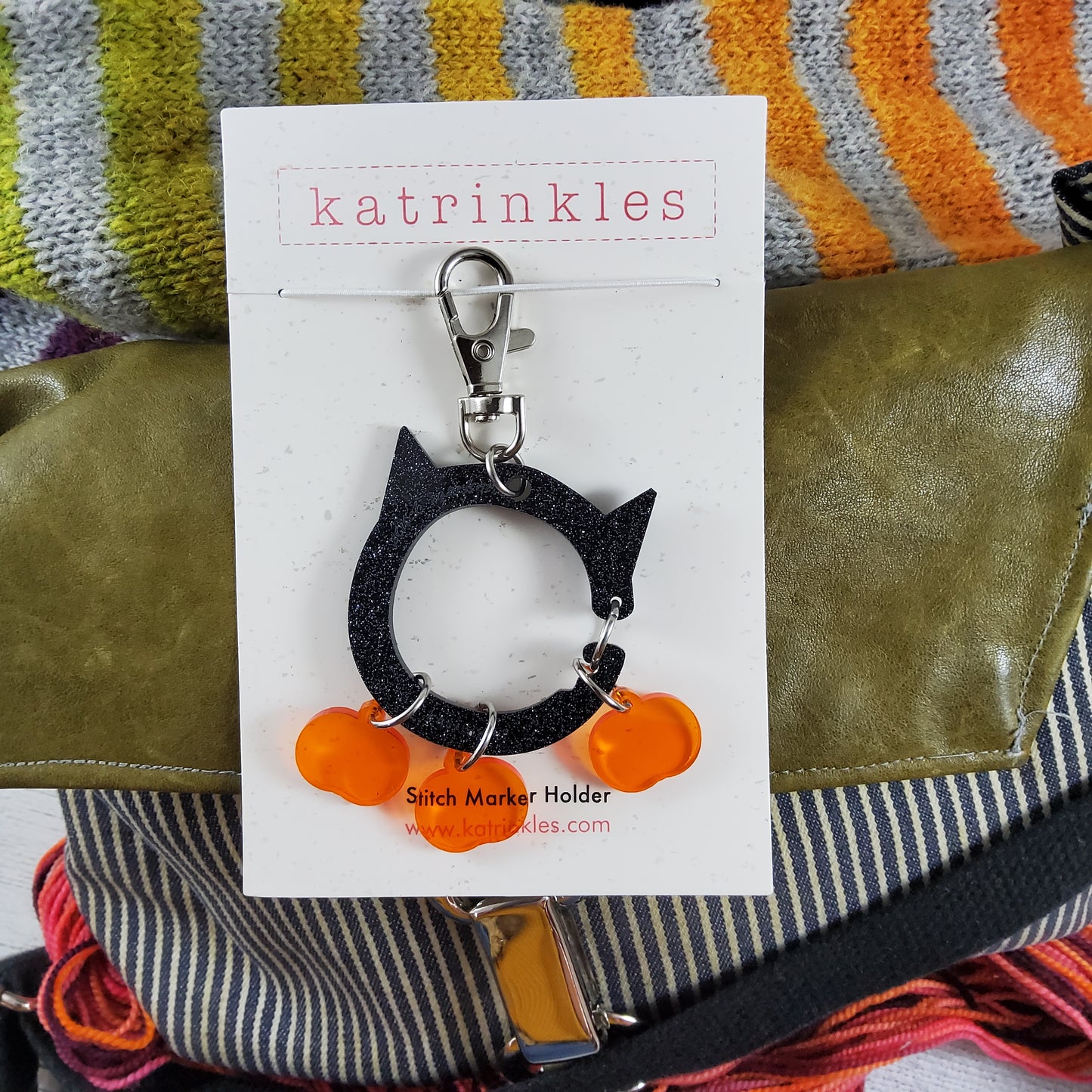 2025 Halloween Collection - Acrylic Cat Stitch Marker Holder Bag Charm - 3 Pumpkin Stitch Markers Included